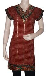 Bollywood Cotton Kurta Top Tunic with Block Print,  Embroidery & Lace 