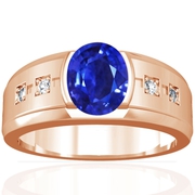 Oval Shape Blue Sapphire Bar Set Mens Ring With Pave Set Diamonds